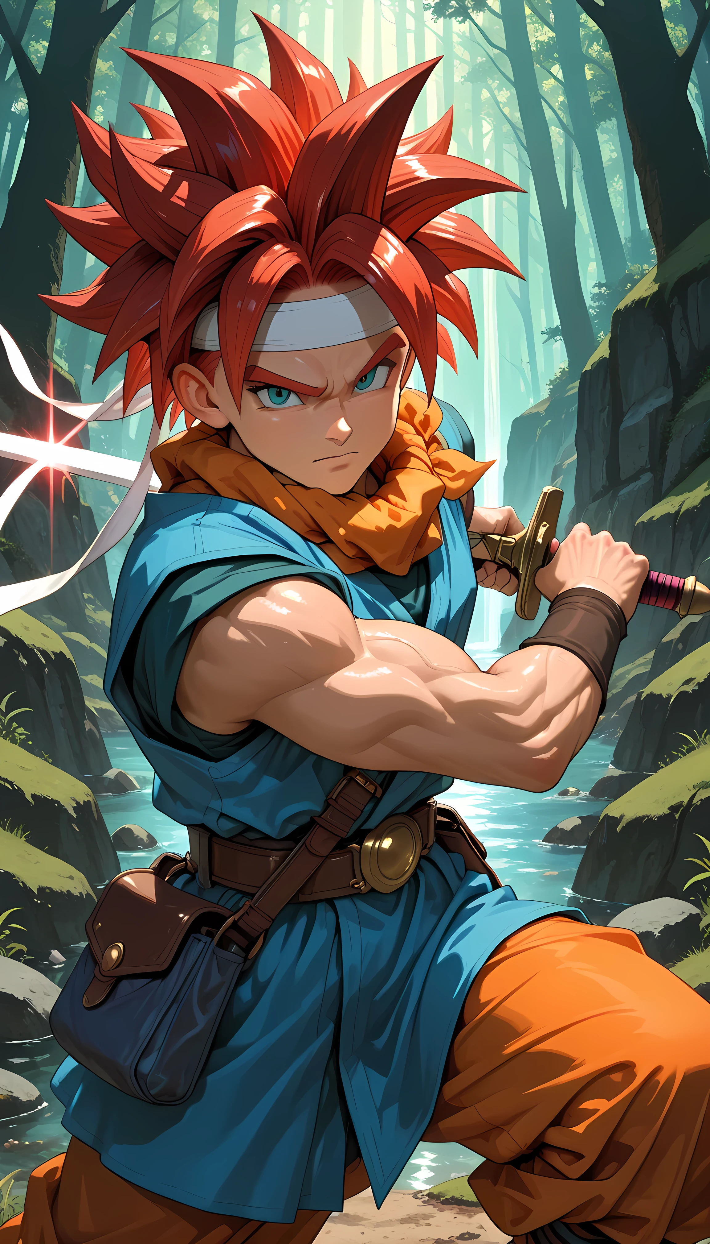 masterpiece, best quality, amazing quality, hyper-detailed, newest, very aesthetic, 1boy, crono from chrono trigger, red hair, blue tunic, white headband, holding red sword, epic pose, green mountain background 
