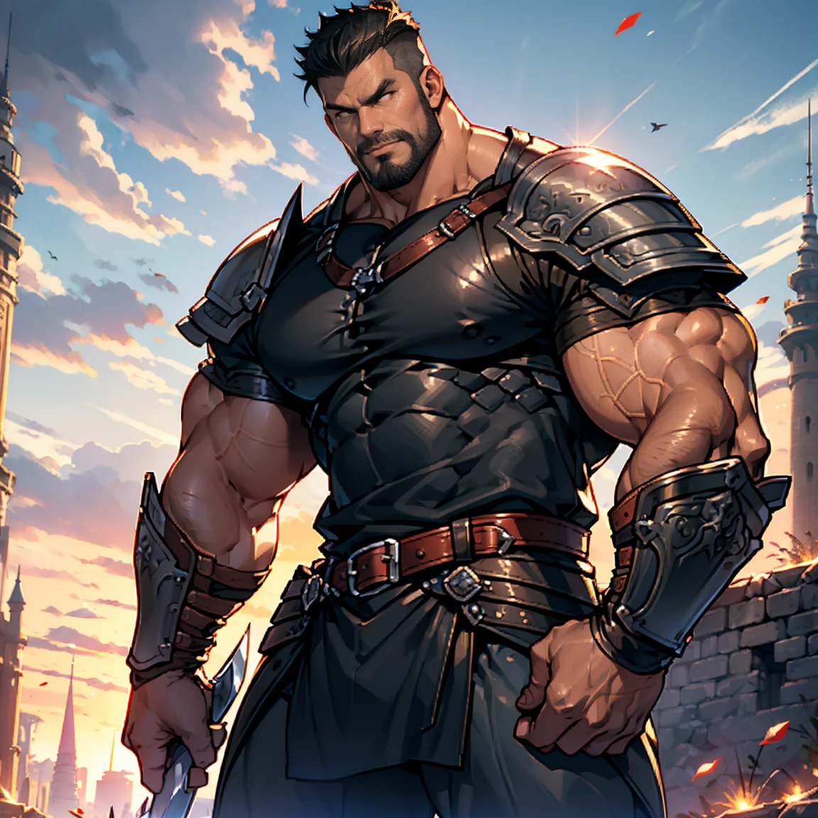 burly virile bulky man, overmuscular and musclebound, bulging veiny muscles, broad shoulders, wide chest, overly thick arms and legs, thick body, a hulking figure with swelling muscles, a long bushy beard, grey hair, a knight wearing armor