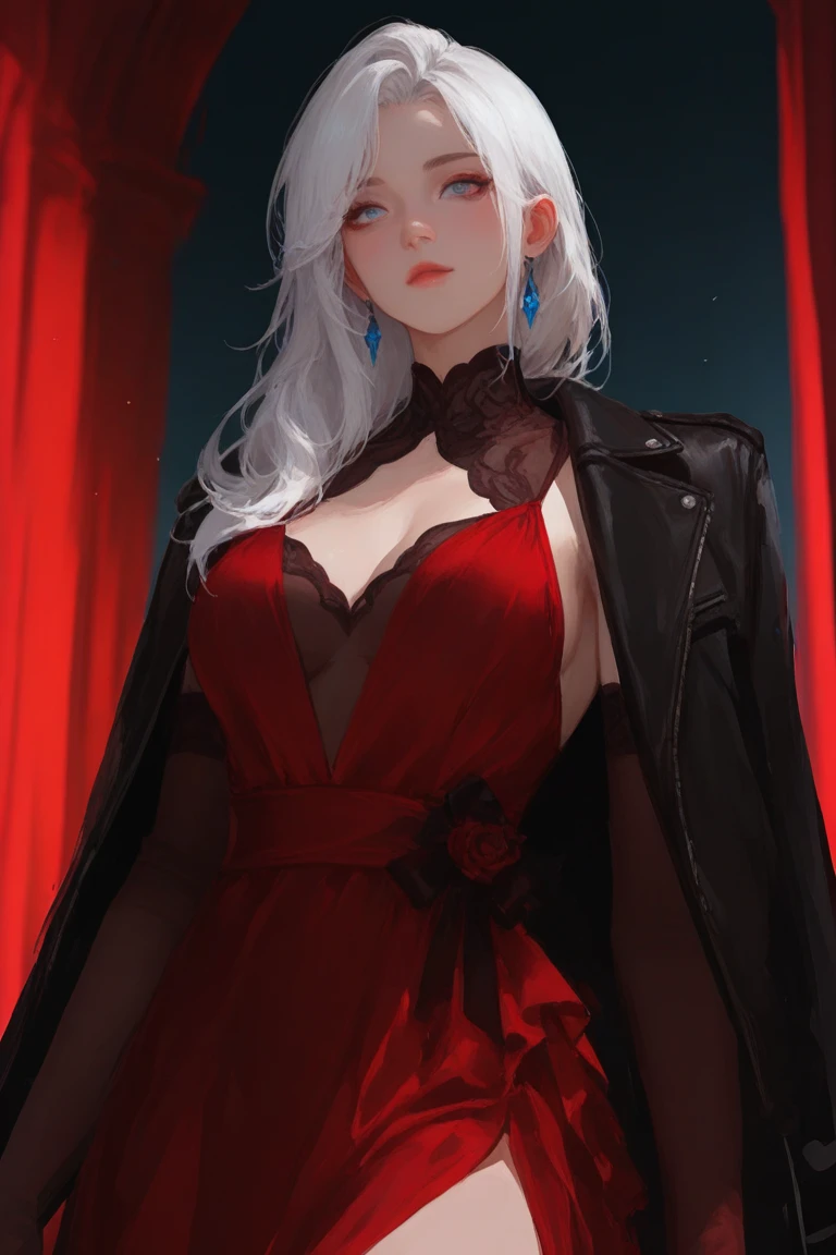 outside, city winter, snow falling, cute pose,<lora:Karina_(Darmchirk):0.7> ((Karina_(Darmchirk),make up, red eyes, black dress, white hair, long hair, multicolored hair)),