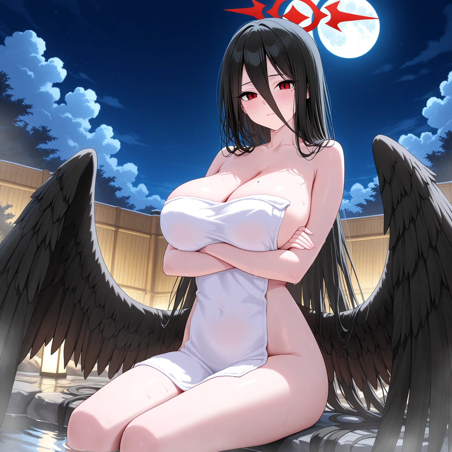 masterpiece, best quality, large breasts, blue eyes, black hair, nude, naked, nipple, sexy, bed, black wings