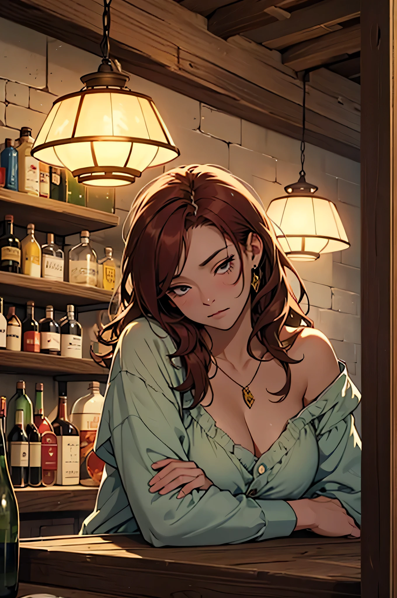 1girl, arm support, bare shoulders, beer mug, blurry, blush, breast rest, breasts, breasts on table, butter, chair, cleavage, collarbone, cup, cupboard, depth of field, dress, flower, food, gravy, indoors, jewelry, large breasts, leaning forward, lettuce, low neckline, mug, necklace, off-shoulder dress, off shoulder, dress, restaurant, sitting, smile, solo, spoon, steak, table, strapless dress, <lora:Blackfire LoRA:.75> ,((dark orange hair, light purple clothes, BRIGHT beautiful green eyes,)),table