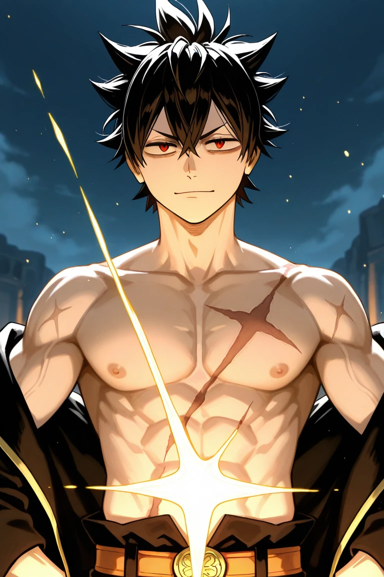 a strong guy, shirtless, long standing black hair, shining orange aura, huge grin, white eyes, muscular