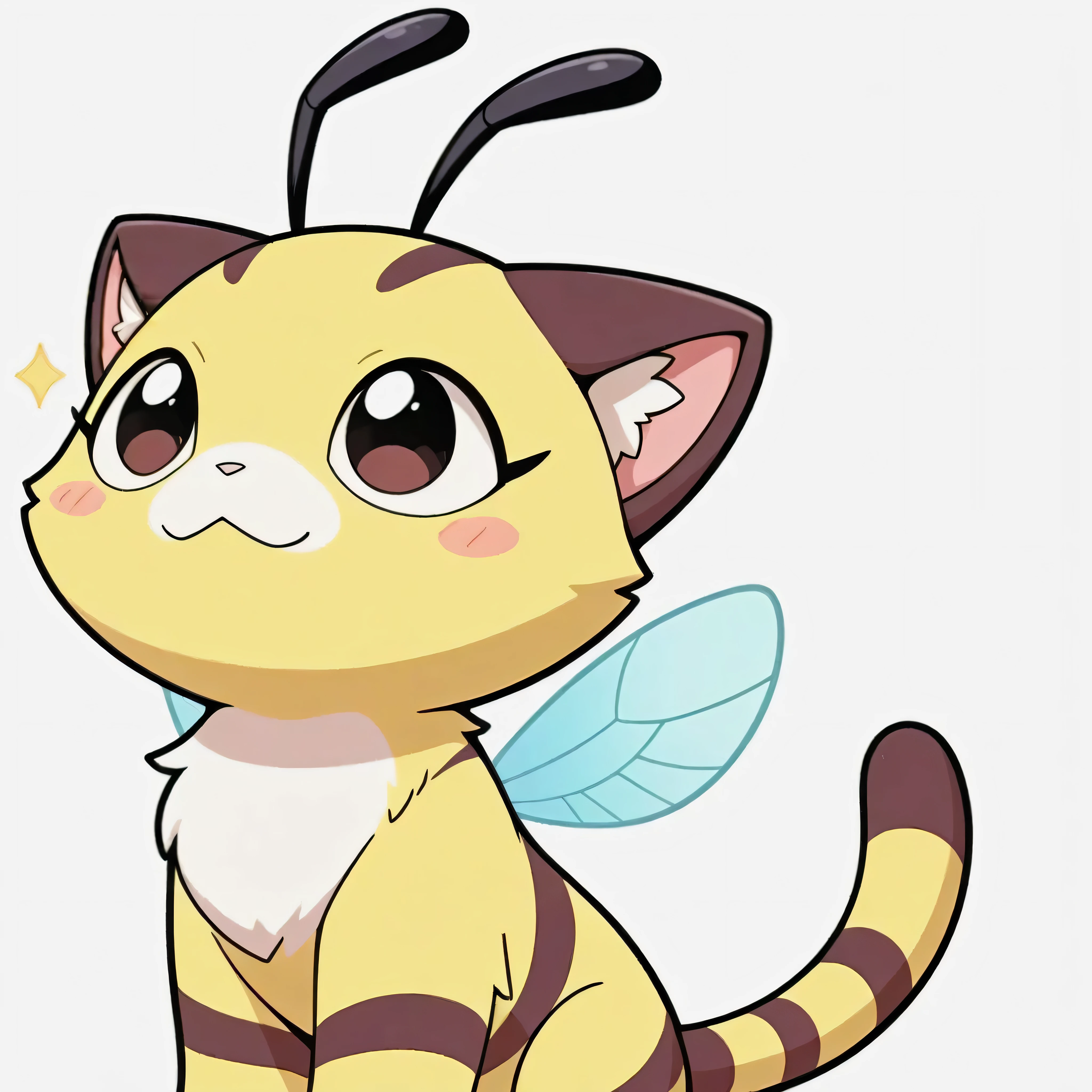 score_9, score_8_up, score_7_up, score_6_up, masterpiece, best quality, amazing quality, soft shading, solo, unisex, PPTcb, cartoon eyes, wide eyes, yellow fur with brown stripes, cat ears, brown antennae, cat tail, tiny bee wings, toylike,