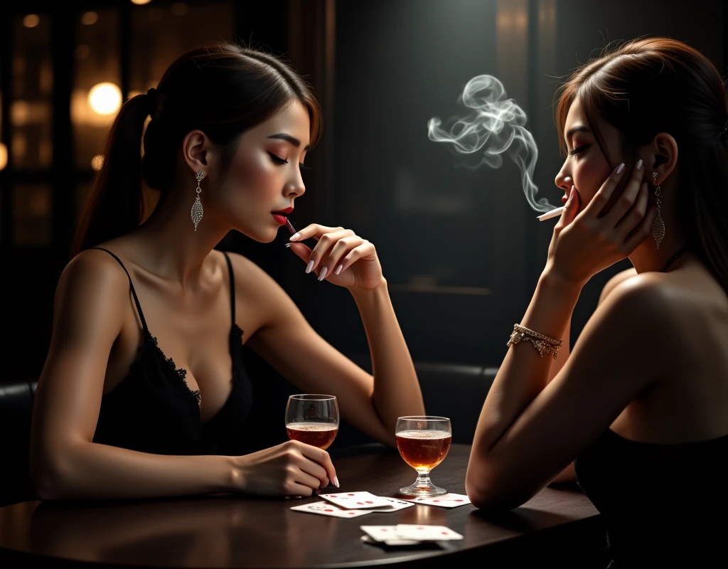 (masterpiece), (High quality), two women in party clothes, young party girls, sitting in a bar, smoking cigarettes and drinking alcohol, Angel is split in two with smoke, (devil against angel), 2 angels, Wings of the Devil, with two pairs of wings, angel against devil, fallen angels, 2 wings, heaven, with the devil's infernal wings, sexy movie photo, drinking and smoking, Cinematic. by Leng Jun, Dark Coffee Ange