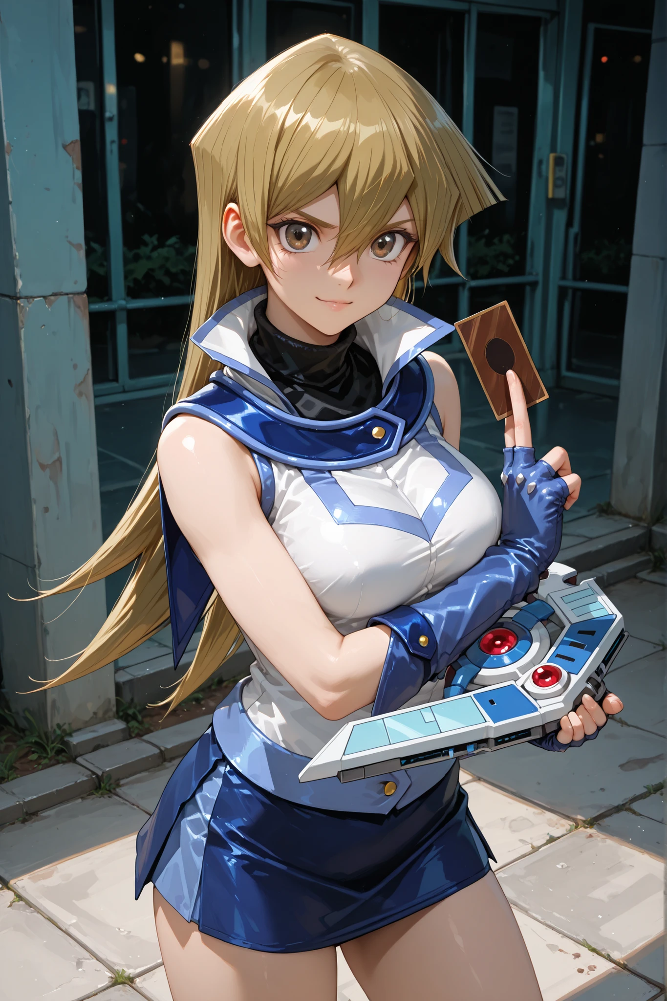 1girl, tenjouin asuka, straight hair, shirt, very long hair, brown eyes, fingerless gloves, miniskirt, hair between eyes, holding card, duel academy uniform (yu-gi-oh! gx), gloves, card, skirt, long hair, duel disk, turtleneck, in the schoolyard, defiant smile, standing, looking at the viewer, pretty, attractive, sensual, best quality, masterpiece, ultra detailed, very aesthetic 