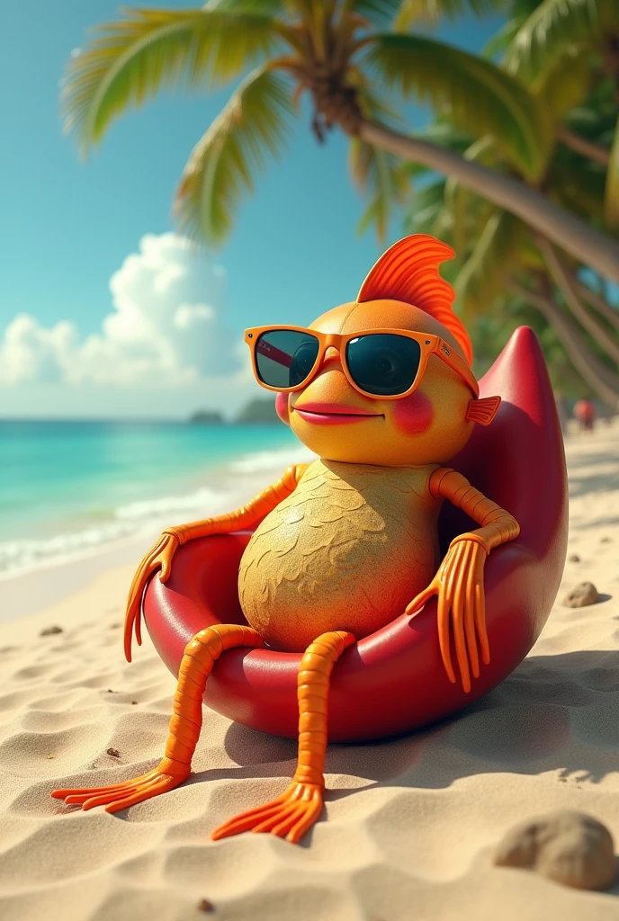 Bikini bird sitting on beach ball