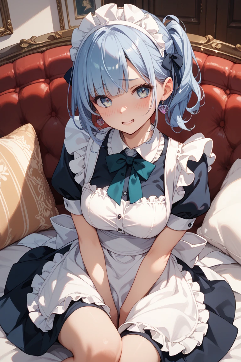 <lora:Pony_Style1467395730-000200:0.8>, score_9, score_8_up, score_7_up, score_6_up, score_5_up, score_4_up, 1girl, maid headdress, breasts, solo, maid, large breasts, long hair, apron, blue eyes, looking at viewer, blush, long sleeves, bow, puffy sleeves, frills, own hands together, maid apron, indoors, bowtie, bangs, dress, blue hair