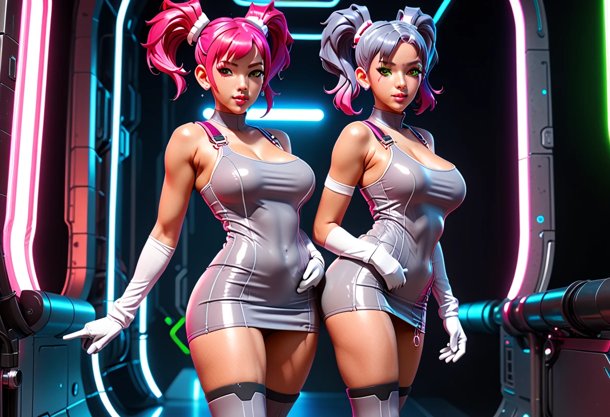 (woman with medium breasts:1), (pale skin:1.5), (multicolored robot girl with shiny metal body:1.5) , (multi-coloured hair:1.2), twintails, wavy hair , slave collar, robot ears,(full lips:1), (red lipstick:1), outer space, science fiction, window , (cameltoe:1), hair band, forehead jewel, parted lips, light smile, (transparent panels:1), full body, high heels