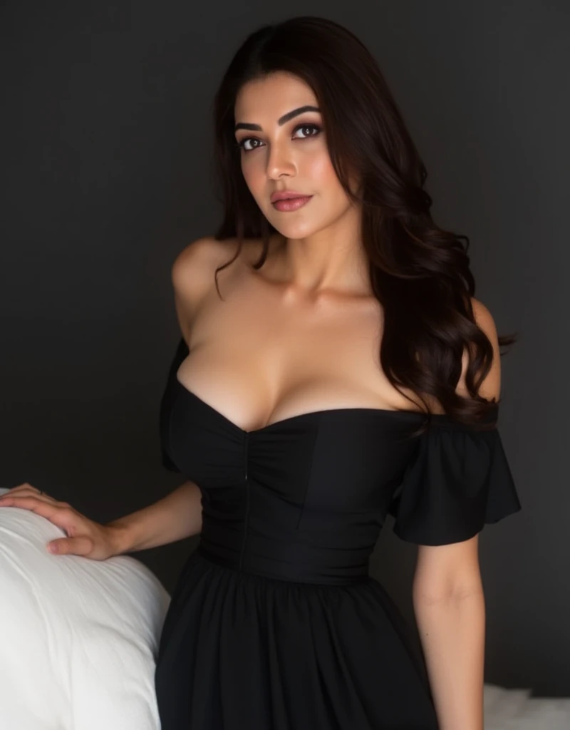 Photo of 35 year old milf, beautiful woman, (dark brown with short wavy), (Fine skin), mature woman wearing low cut black t-shirt, (black crop top t-shirt), very pale porcelain skin, expressive dark green eyes, neutral mouth, closed mouth, (breasts:1.0)(Deep Valley), large_breasts, sagging breasts, breasts apart, mom body, chubby face, symmetrical face, pale_skin, brown_hair, chubby figure, name Sara, 162cm tall, ((portrait)), (Detailed face: 1.2)), (Detailed facial features)), ((soft white background: 1.5))(((always exact same body))), (((always exact same proportions))), (((always exact same clothes))), (((always exact same face))), (full emphasis on every detail such as hair color, body proportions), (ultra detailed face), (ultra detailed eyes), (ultra realist eyes), (ultra detailed irises), (totally normal irises), (identical irises), (ultra detailed breasts), ((anatomically correct)), RAW, (masterpiece) ( Perfect proportions) (realistic photos) (highest quality) (detail) shot with Canon EOS R5, 50mm lens, f/2.8, HDR, (8k) (wallpaper) (studio lighting) (dramatic lighting) (sharp focus) (complex) fashion, camera angle captures her upper body and head, (facing camera: 1.1), ((Portrait)), (center focus), (front focus), (body forward facing)