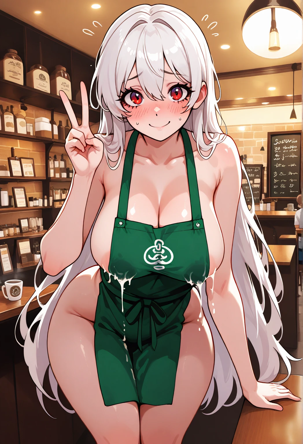 2heads, a very tall skinny woman with 2 heads. Working behind the counter at the register at a coffee shop. Wearing green apron with store logo, wearing worker uniform. Cleavage. Mature, milf. Messy long white hair. Thin face, cute face. Smiling. Blushing. Thick eyeliner. Eyeshadow. Baggy eyes. Extremely tall. Freckles, many freckles. Covered in freckles. Big saggy breasts covered in freckles.