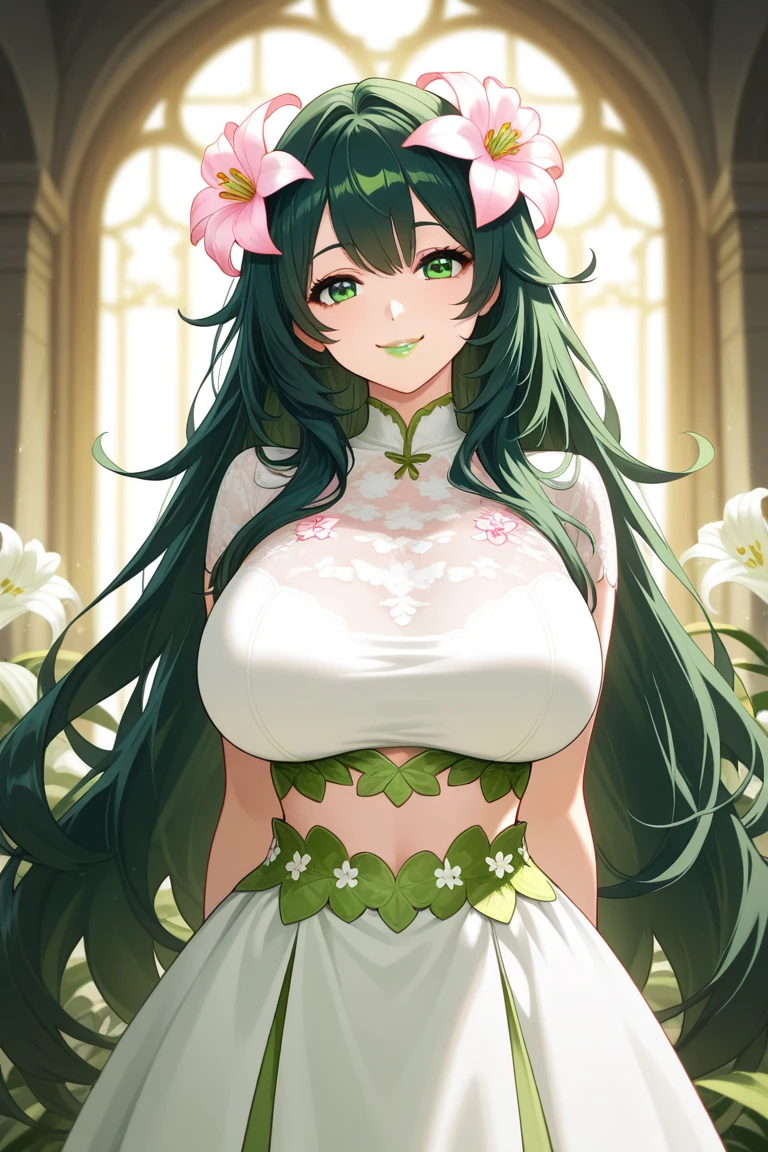 dryad, huge breasts, thick, very long green hair, flowers in hair, vines in hair, leaves in hair, flowing dress, deep cleavage, brown eyes, full lips, smiling, happy