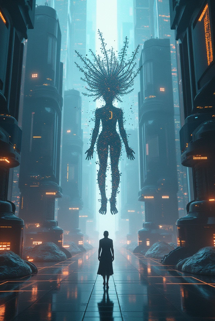 in style of Eileen Agar,,"Giant Silent Sculpture of Alien Creature",Two tiny humans stand on the shoulders and look up,BDO Arts,BDO works by American digital artist Stuart Lippincott,Use advanced tones and shading,Creates a dazzling and mysterious light,The deep spatial pattern and mysterious atmosphere,Create a sci-fi mechanical god realm,Highlighting the insignificance of human beings,and fear of the unknown,