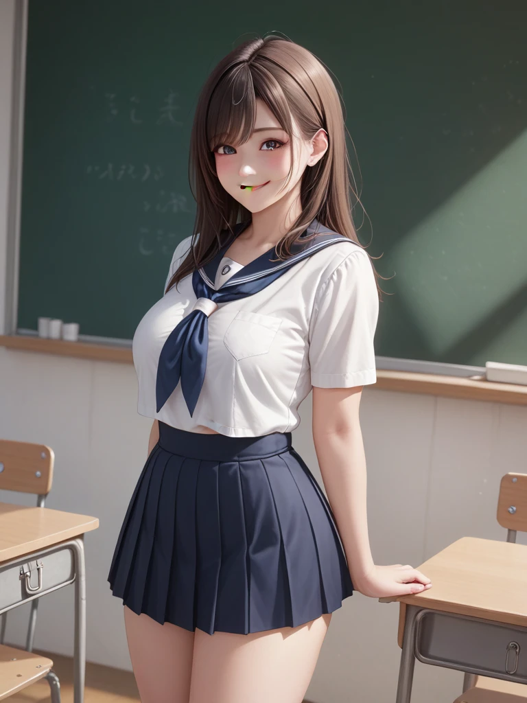 highest quality,masterpiece, High resolution, 8K,  detailed background、Beautiful age girl、(1 woman),black hair short ponytail、perfect body、huge breasts、sexual expression、(white sailor suit)、(bright light blue sailor color)、(bright light blue pleated skirt)、cute colored knee high socks、classroom、red glasses、red glasses、under rim frame、Look at me happily