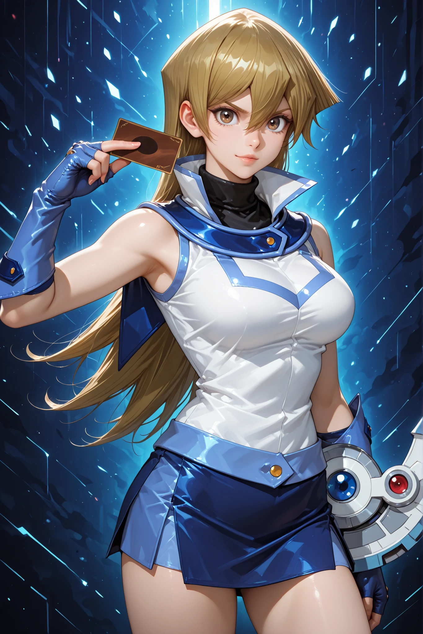 1girl, tenjouin asuka, straight hair, shirt, very long hair, brown eyes, fingerless gloves, miniskirt, hair between eyes, holding card, duel academy uniform (yu-gi-oh! gx), gloves, card, skirt, long hair, duel disk, turtleneck, abstract background, defiant smile, standing, looking at viewer, beautiful, attractive, sensual, best quality, masterpiece, ultra detailed, very aesthetic