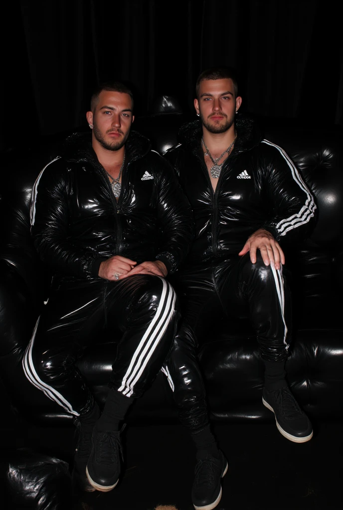Graffiti urban style, portrait of medium body of two chav guys, handsome 30 year old Chavs,muscular and athletic,having a alcoholic drink inside a night disco in London, more scally guys men in the background:1.5+, with beard, full blue elecetric leather cap "adidas" in many colors shiny latex tracksuit with three red stripes on the sides++, ((low angle)), legs apart, dynamic pose, wearing a super inflated huge shiny black puffer jacket "Adidas",Extremely Realistic,depth of field:1.4, adidas tracksuit, detailed hand+, detailed hands+, perfect hand+, perfect hands+, masterpiece face+, masterpiece hands++, detaled hands, perfect hand, perfect body, realistic, ultra textured skin, ultra textured cloth+, super ultra textured materials+, small details corrected, highly textured skin+, textured clothing+, perfect hands+, hands without fused fingers+