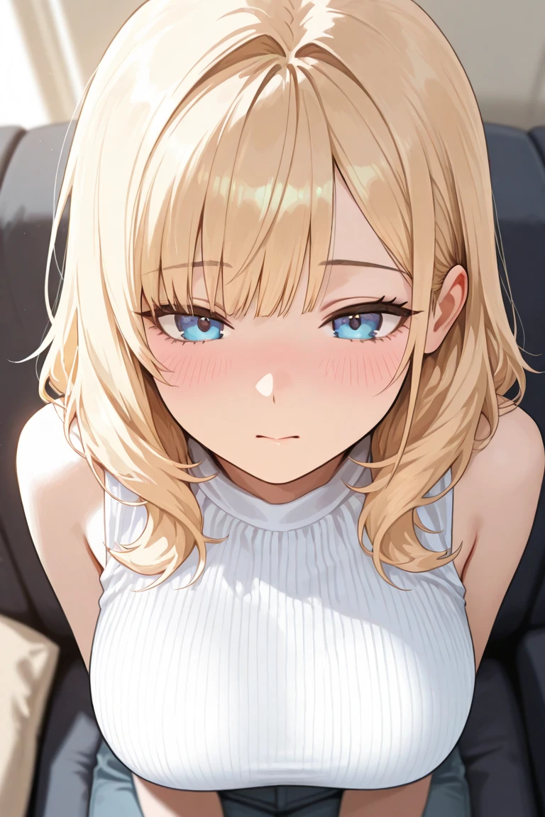 masterpiece, absurdres, best quality, ultra detailed, high Resolution, detailed illustration, bright colour, (extremely beautiful detailed face and eyes, Delicate beautiful face, 1 girl, cute face:1.3), (magenta eyes:1.1), sparkling eyes, big eyes, medium breasts, (perky breasts:1.1), (pointy breasts:1.1), medium hips, glamorous body, white skin, BREAK, long bob cut, (blonde hair:0.8), messy hair, detailed hair, shiny hair, BREAK (strapless casual blouse, down blouse:1.5), perfect lighting, (embarrassed:1.5), (ecstasy, vulgarity:1.5), (trembling:0.8), In the car, Grab chest,