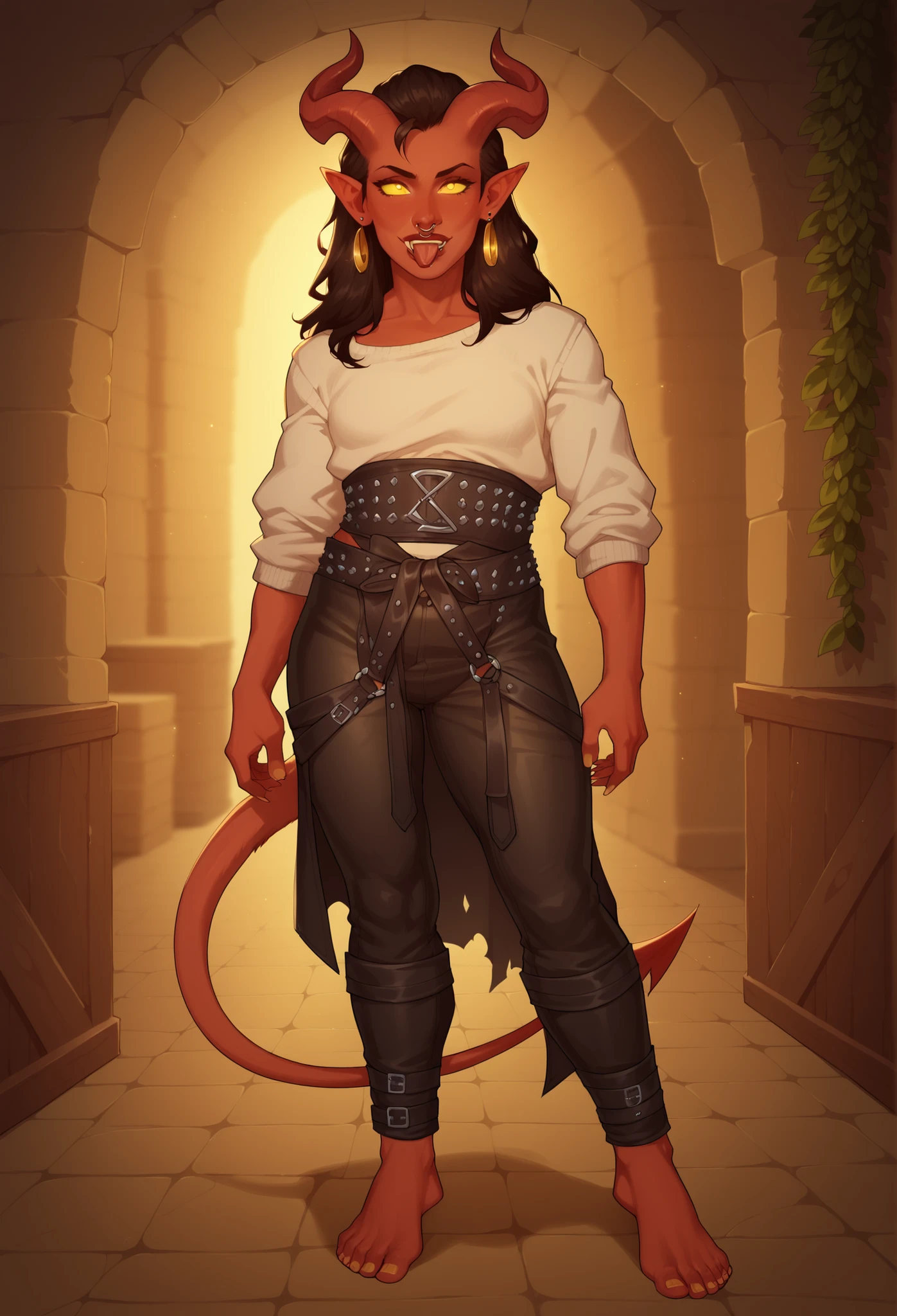 (((beautiful, high quality, comics style, detailed face))), score_9, score_8_up, score_7_up, masterpiece, best quality, unrealistically high details, extremely high quality, ultra-high detail, good anatomy, rating_explicit, perfect anatomy, anatomically correct hands:1.5, blurred background, detailxl, DeepNegative_xl_v1, zPDXL3, Score_PnyReal, deep_negative_pony, cowboy shot:1.5 BREAK solo, 1woman, tiefling, horns, tail, muscles, small breasts, studded leather harness, hide pants, fur sash, barefoot, sharp toenails, dark red hair, messy long hair, nose ring, ear piercings, fangs, red lips, pointed tongue, split tongue, yellow eyes, yellow sclera, yellow pupils, yellow iris, thick abs BREAK (expressive face, expressive body, expressive emotions, dynamic pose, intense gaze, lively eyes, detailed facial expression, engaging presence:0.5).