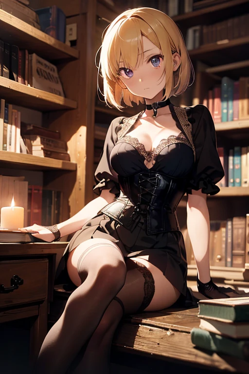 masterpiece, best quality, highly detailed background, perfect lighting, best quality, (extremely detailed face), volumetric lighting, intricate details, shadow, tonemapping, sharp focus, hyper detailed, trending on Artstation, (solo) ((Looking at the viewer)) .Girl with short blond hair. Brown eyes. curvy. Blush, Clear skin. Big bust.((Gothic dressed)). Gothic shoes. ((Gothic makeup)) Dynamic pose ((Library))