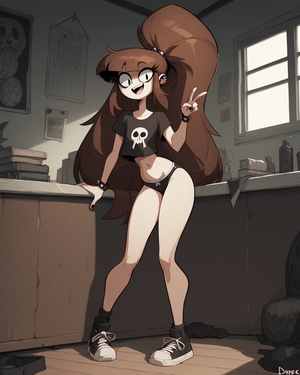 wendygf, body freckles, smile, standing, hat, (black thigh high socks:1.2), (bracelet:1.2), necklace, arm band, completely nude, pussy, hand on hip