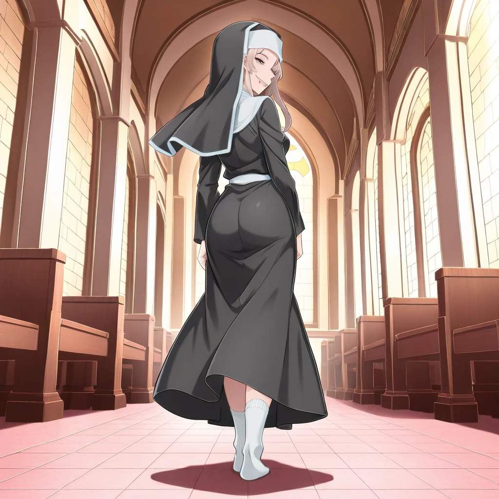 nun,aqua hair,big breast,short hair,church,cute,full body