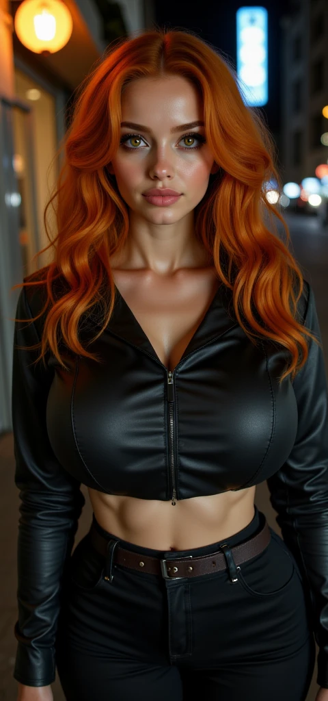 woman cute ((red hair)) long hair bangs ((yellow eyes)) huge breasts cleavage ((black leather jacket)) ((black tight miniskirt)) outdoor cityscape park night ((black choker)) smile
