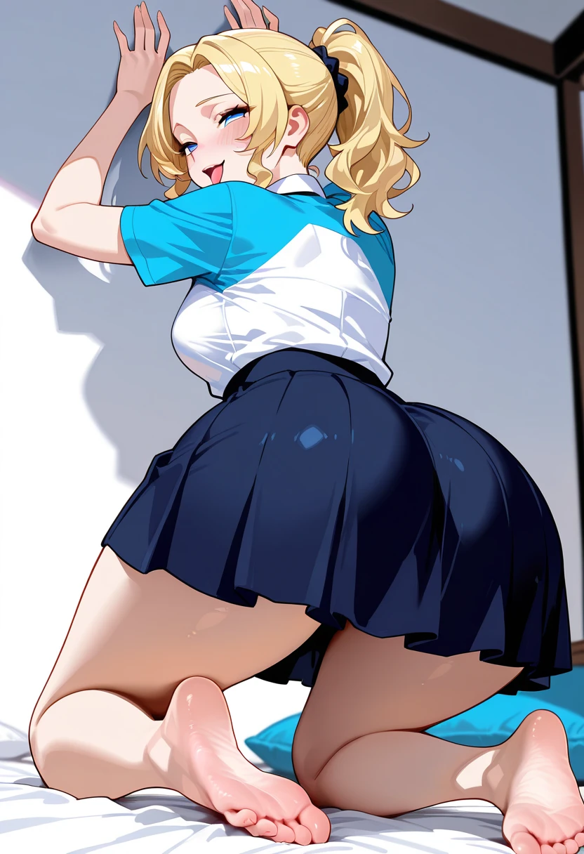 (best quality, high resolution, anime cels style:1.2), super pochaco, curvy, 1girl, beautiful face, (huge breasts:1.4), (short skirt), from below, low pov, (sexy panties:1.3(