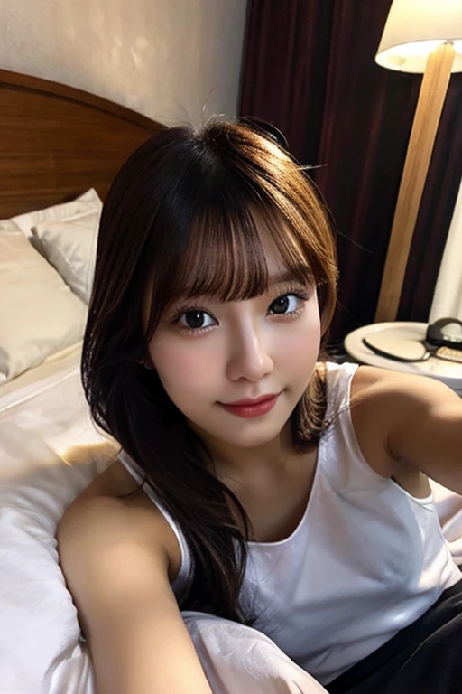 Photo of a beautiful woman in a femininely decorated room, wearing pajamas, lying down with a smile, She's mostly covered by a futon, and her tousled bed hair suggests she's just woken up.