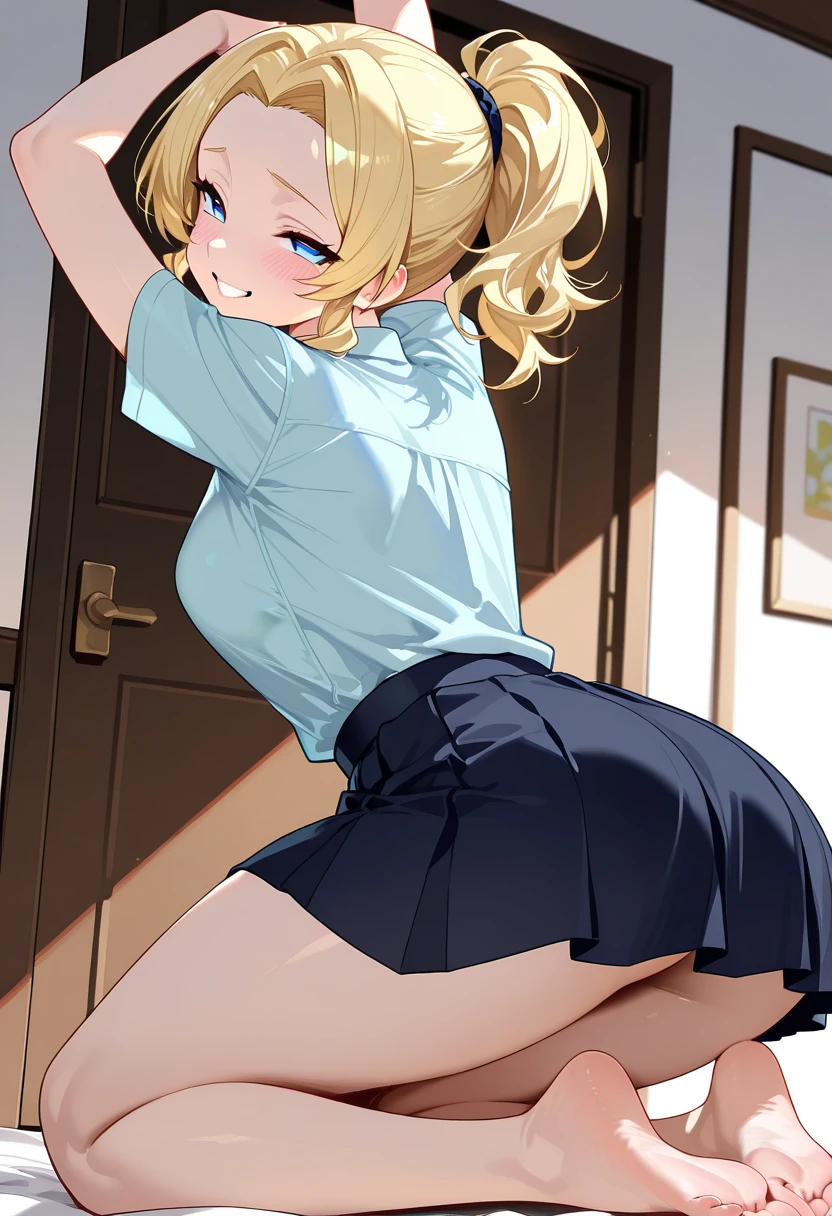 (masterpeace, best quality), girl, , , ,blonde hair ,half twin tail, upskirt, print panties,, from behind, school stairs, {{{clenched teeth:1.2}}}, grin, smile, volumetric lighting, sunlight, bright,gyaru, shirt, plaid, bow, blush, white shirt, hair ornament, nail polish, plaid skirt, bowtie, pleated skirt, multicolored hair, blue skirt, jewelry, kogal, bracelet, collared shirt, sweater around waist, hairclip, bangs, long sleeves, jacket, sweater, plaid bowtie, (from below:1.2),(lower body shot, View from below, from behind:1.5)