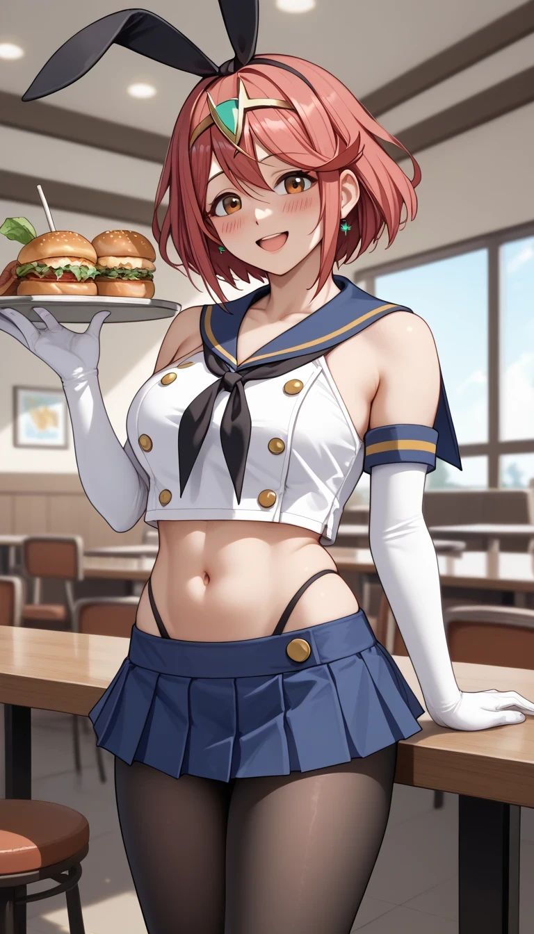 score_9, score_8_up, score_7_up, source_anime top quality、8k、masterpiece、natural light、high accuracy、Perfect Anatomy、One woman、medium chest、saggy breasts:1.3、((pyra))、( Happy Expression 、blushes)、shimakazecosplay, shimakaze \(cosplay\), highleg panties, black neckerchief, microskirt, pantyhose, black panties, elbow gloves, thong, blue sailor collar, white gloves, crop top, sailor collar, blue skirt, black hairband, bunny ears、(restaurant)、 stand and pose