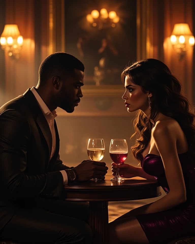 Generate an image of a young curvy black woman with a black handsome man on a date at a luxurious restaurant sitting and eating