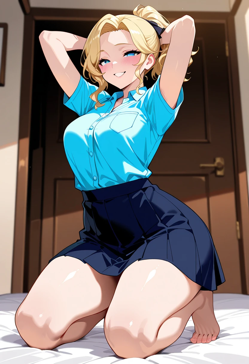 from the front、from below, office lady, (micro mini-skirt), skirt lift, (spread legs), Light blue panties , Sitting in a chair、In a small conference room、 a girl、24-years-old、Big Breasts、Beautiful Eyes、blonde hair, Green Eyes、ponytail、Tight waist、Thin legs、Anime Style、Cute face、Embarrassed, blush, Highest quality、Best image quality、masterpiece、one person's、26 years old、Natural light、In a white-based office,