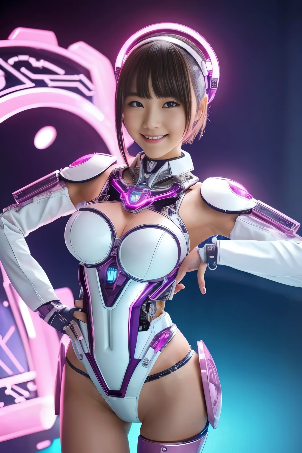 high quality, masterpiece, Very detailed, 8k, A beautiful Japanese girl:1.5, Small face, Breast Augmentation Surgery, (Gorgeous magical girl heroine costume:1.5), (She has a large metal helmet on her head that covers her hair.:1.3, tubes connected to the body, wire), She gets electrocuted, brainwashing、 Stick your tongue out、 Open your mouth and show me your throat、 Ahegao、 (Put your hands behind your head:1.5)、 (Very detailedな臭い脇の下:1.5), (cyber punk:1.5)