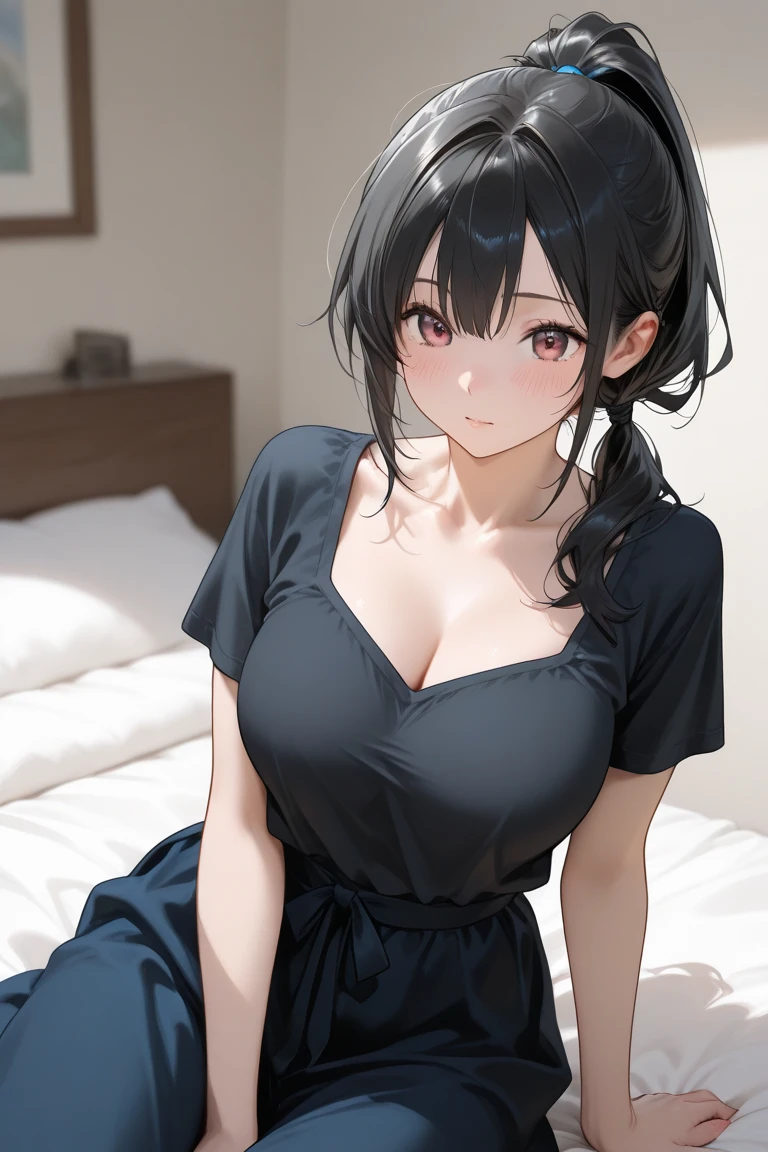 professional artwork, Intricate Details, field of view, sharp focus, detailed painting, photorealistic lighting, trending on pixiv,(masterpiece:1.0),(best_quality:1.0), ultra high res, ultra-detailed, photography, 8K, HDR, highres, absurdres:1.2, Kodak portra 400, film grain, sharp focus, bokeh:1.2, lens flare, (vibrant_color:1.2), (((indoors, bedroom, bedroom details, sitting on bed, perfect anatomy sitting))),
female mature, black hair, long hair, yellow eyes, large breasts, nurse clothes, white theme clothes, formal, hair intakes, covered breasts, cleavage, 20yo,mature female,Beautiful Finger,Beautiful long legs,Beautiful body,Beautiful Nose,Beautiful character design, perfect eyes, perfect face, looking at viewer, official art,extremely detailed CG unity 8k wallpaper, (Beautiful,large_Breasts:1.4), (beautiful_face:1.5),(narrow_waist), (solo:1.4), (upper body, half body shot),
koutetsu no majo annerose,