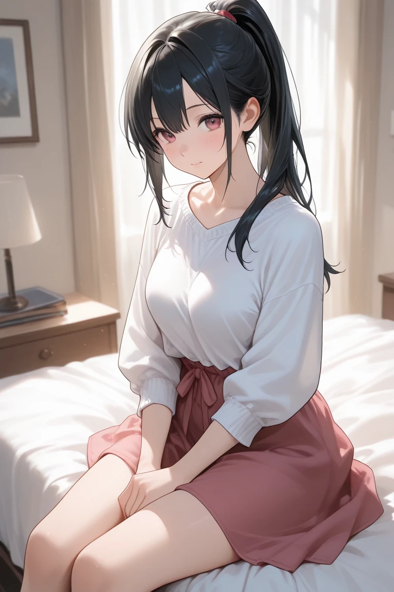 Masterpiece, High resolution, High-definition CG Unity 8K,realistic,(1 girl),(medium breasts:0.7),medium,(black eye),black hair,(forehead),(white T-shirt),room,sit on the floor, looking at viewer,(white T-shirt),naughty smile