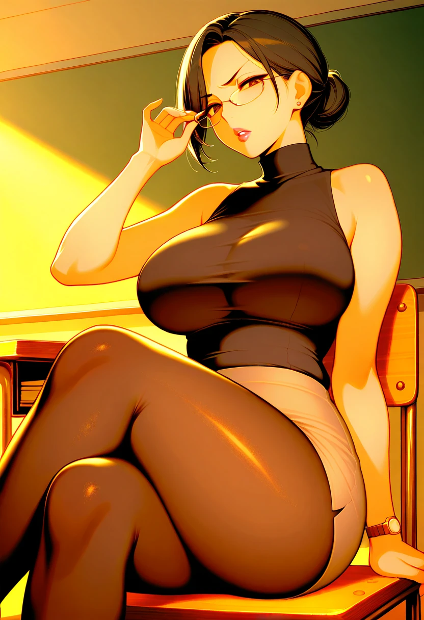 (((masterpiece))), high resolution, high detailed, uhd,, gorgeous, (nsfw), mature female, full body, lewd pose, (lewd), (teasing), very short pixie black hair, small breasts, flatchest, peach hips, (thick thighs:1.3), side view