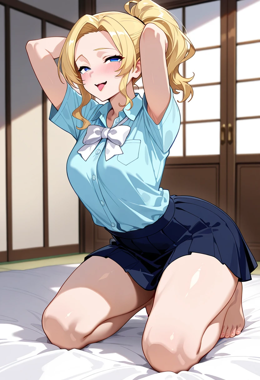 2D Anime Style、Blue eyes、breasts are slightly larger、A cool adult woman with short blonde hair rolls up her skirt in her bedroom to show that she is not wearing underwear.......、Almost naked.。she spreads her legs and looks shy..., open and expose genitals..