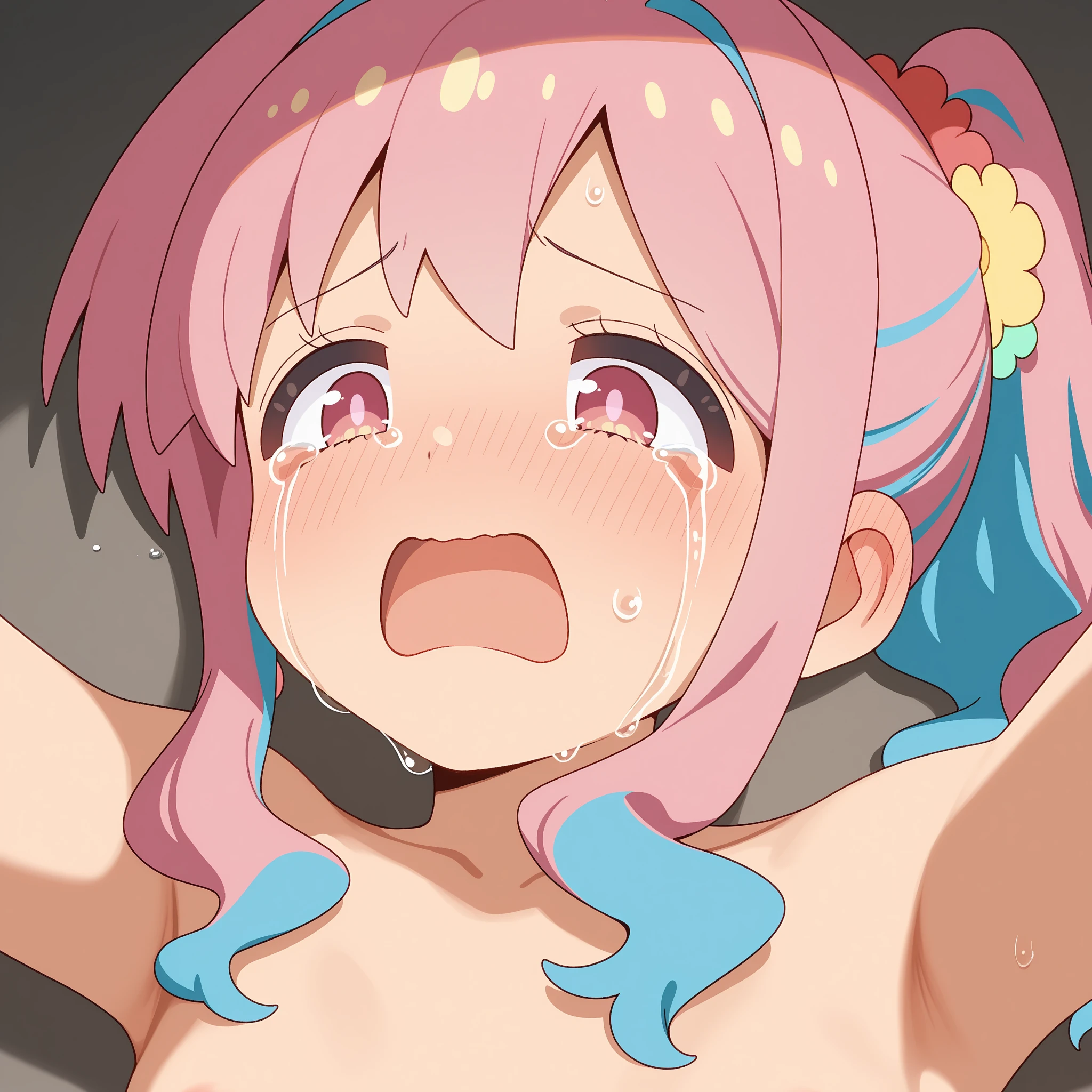 Masterpiece,ultra detailed,best quality,Girl, short, short, dwarf, nude, flat chest, pink hair, small pigtails, ((tilting head)), question mark, NSFW,tall man,holding penis,com on face,