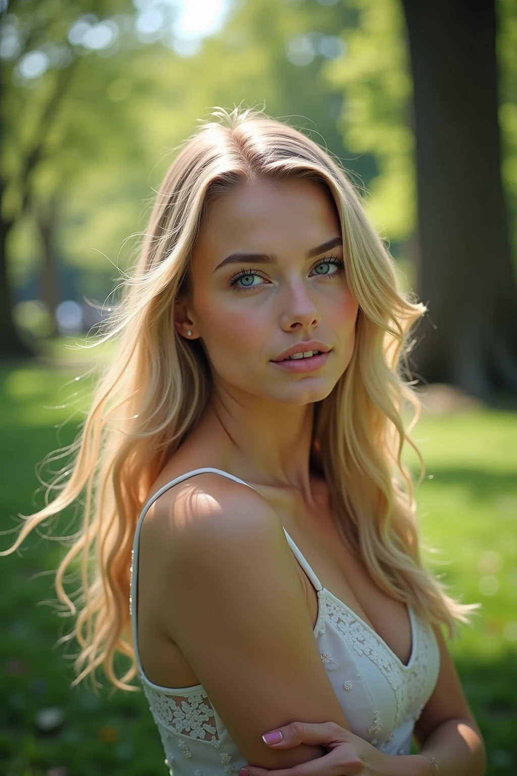 Best quality, 8k, ultra-detailed, realistic:1.37, HDR, studio lighting, extreme detail description, professional, vivid colors, bokeh, portraits, blonde-haired, 23-year-old woman, detailed eyes, detailed lips, slender figure, hyperrealism, wearing a loose white dress, carrying a handbag, sunset, city scene.