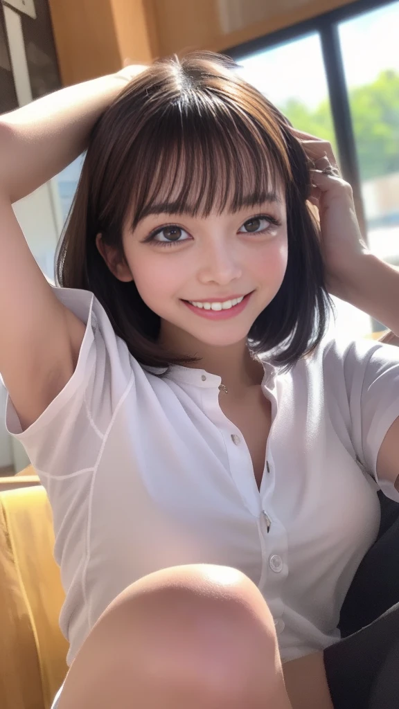 (Realistic, Photorealistic: 1.37), (masutepiece, Best Quality: 1.2), (超A high resolution: 1.2), (Raw photo: 1.2), (Sharp Focus: 1.3), (Face Focus: 1.2), (Ultra detailed CG unified 8k wallpaper: 1.2), (Beautiful skin: 1.2), (pale skin: 1.3), (hyper-sharp focus: 1.5), (Ultra Sharp Focus: 1.5), ( Beautiful pretty face: 1.3), (hyper detailed background, Detail Background: 1.3), Bokeh, depth of fields, BREAK, Photo of a very cute and beautiful Japanese female flight attendant, (Cabin Crew), professional attire, (22 years old: 1.1), Portrait of a girl with a bright smile, Upper body image, When viewed from the front, The composition is symmetrical, (On board the plane: 1.3), (standing inside the airplane: 1.3), ( (looking straight at you), BREAK, (Glossy dark brown medium hair: 1.2), dark brown eyes, Beautiful eyes, Princess Eyes, ((Brown hair:1.3)), Single hair, Bangs, hair between eye, Long hair, curby, (medium breasts;1.3), (Detailed beautiful girl: 1.4), (Bare shoulder, Chest squeezed together, View Viewer, ((White blouse with deep neckline and black tight skirt:1.3)), Solo, Parted lips, Red lips, (Shiny skin), Sweat, (Detailed airplane interior view:1.5, Simple background), (light seductive smile:1.25), ((Perfect female body)), (Upper body image:1.3), Frame the head, Perfect Anatomy, Perfect proportions, 8.5 life-size, Face Focus, hyper realistic photography, Hyper Sharp Image, Hyper Detail Image,(long), (((Nipple protrusion:1.3))),