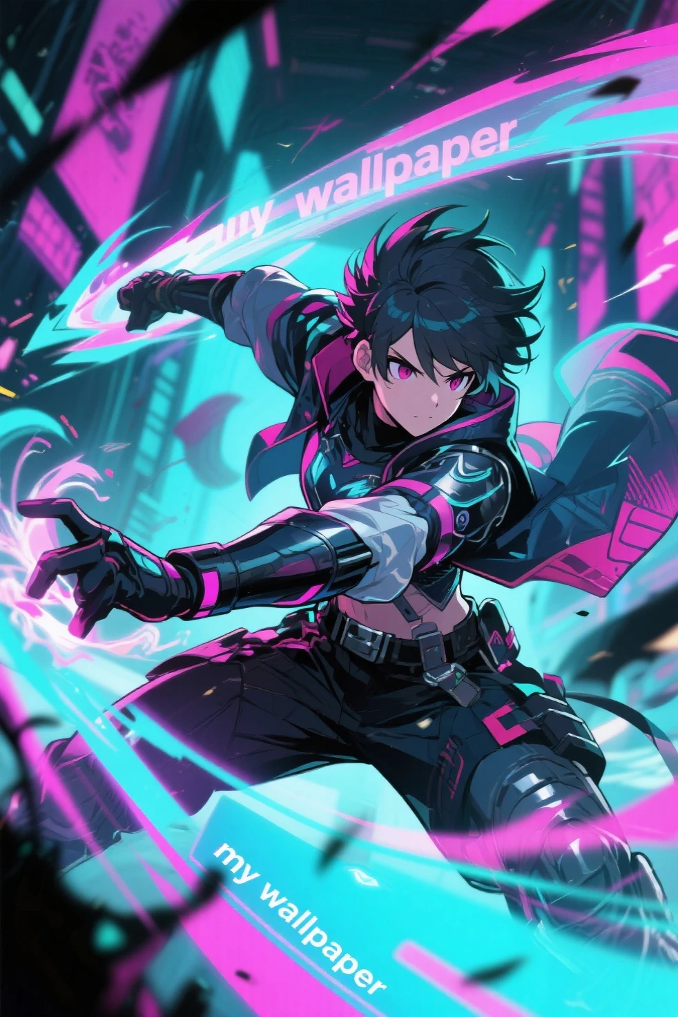 1boy, male, mid 20s, mature, black and purple hair, shoulder length hair, purple eyes, smirking, black jacket, racing jacket, punk, piercings, full body, tank top, eyeliner