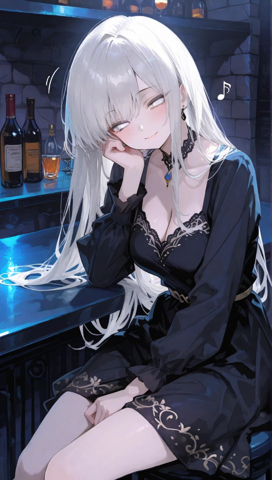 Beautiful girl, rosto angelical, face detailed ( extremely sad expression), (melancholic), holding a glass of wine, sitting at the counter of a wine cellar, blue eye, light hair, work of art, ((ultra detaild)), ((4K)),, having a drink, Drunk, glad