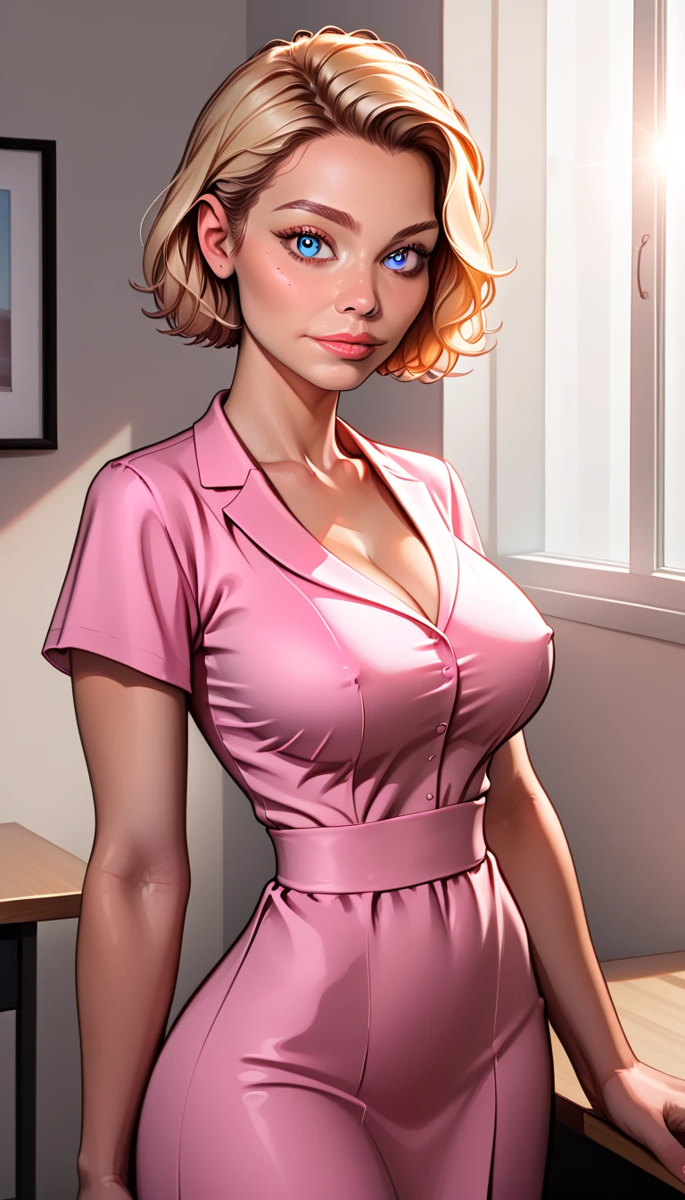a woman with short pink hair, green eyes, wearing a suit, cleavage visible, hyper detailed, photorealistic, 8k, high quality, intricate details, natural lighting, warm colors, elegant, stylish, professional