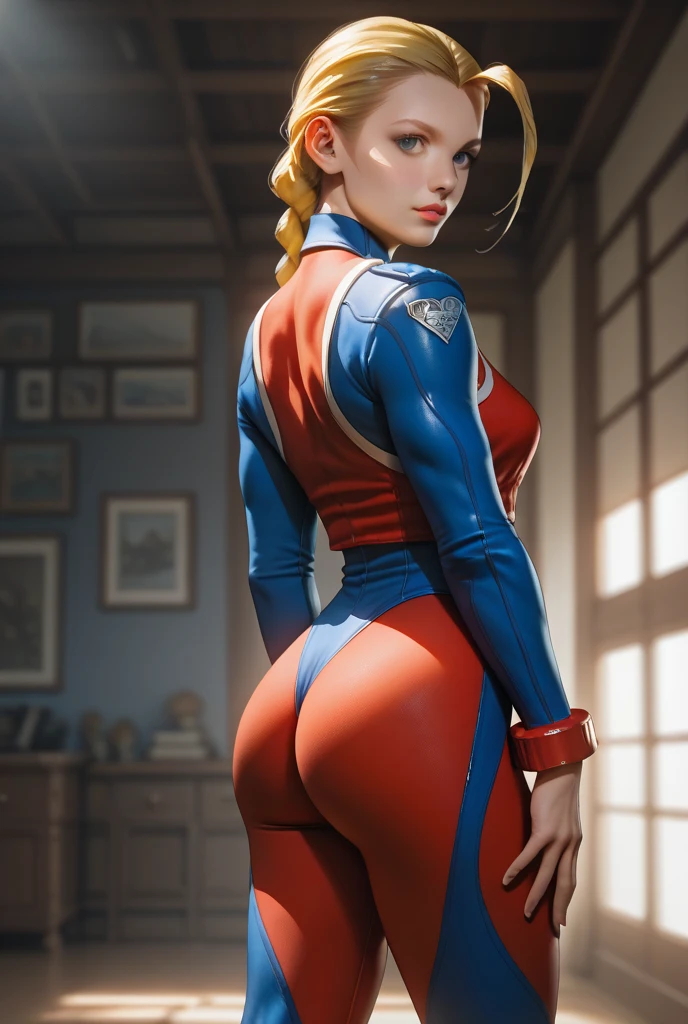 maryms,Best Quality,(beauty),masterpiece,full body view, Ass view, seeing viewers,1girl,phisically-based render ,ultra highres,narrow waist, skinny,big eyes,long legs,(small breasts),puffy eyes, night,(rainy city), shiny skin, facing viewer, fighting stance, (make a fist),firm expression,