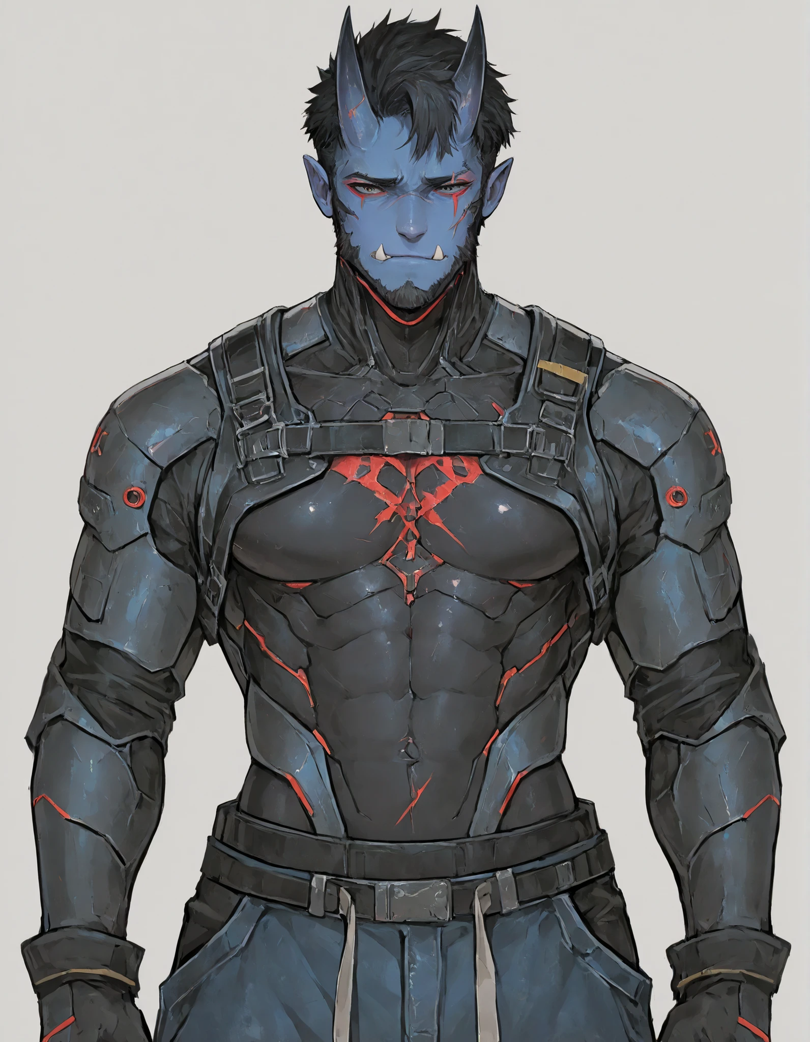 masterpiece, newest, absurdres, high detailed, solo, male, blue skin, tusks, oni tusks, scars, athletic, short hair, oni, yokai oni, oni horns, ripped, red eyeliner, black hair, cyberpunk, buggy pants, black skinsuit under armor, armor on chest, cyberpunk implants, mechanic jaw, white background, front view,