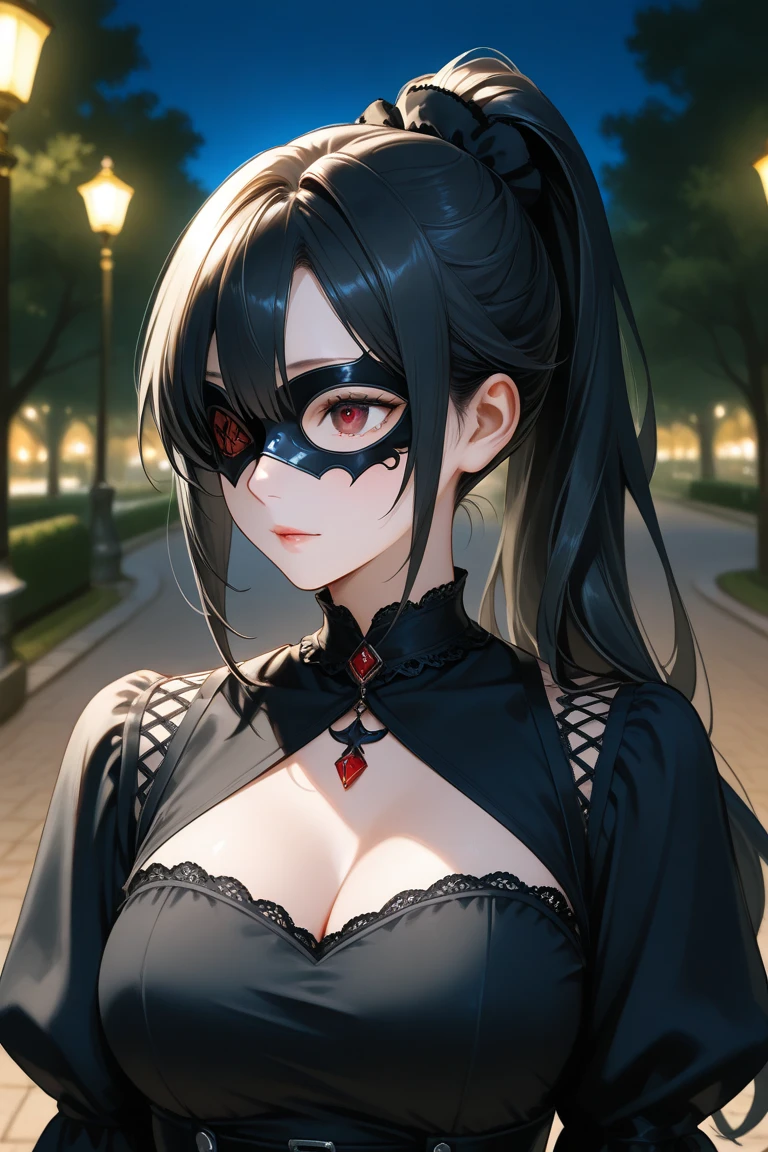 , with a ponytail in her black hair, in a park at night, Half of his face is covered with a ceramic mask, gothic clothing