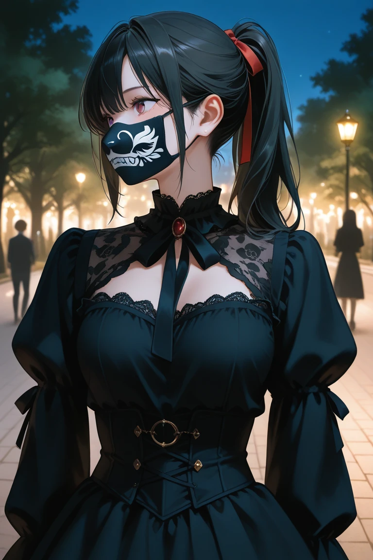 , with a ponytail in her black hair, in a park at night, Half of his face is covered with a ceramic mask, gothic clothing