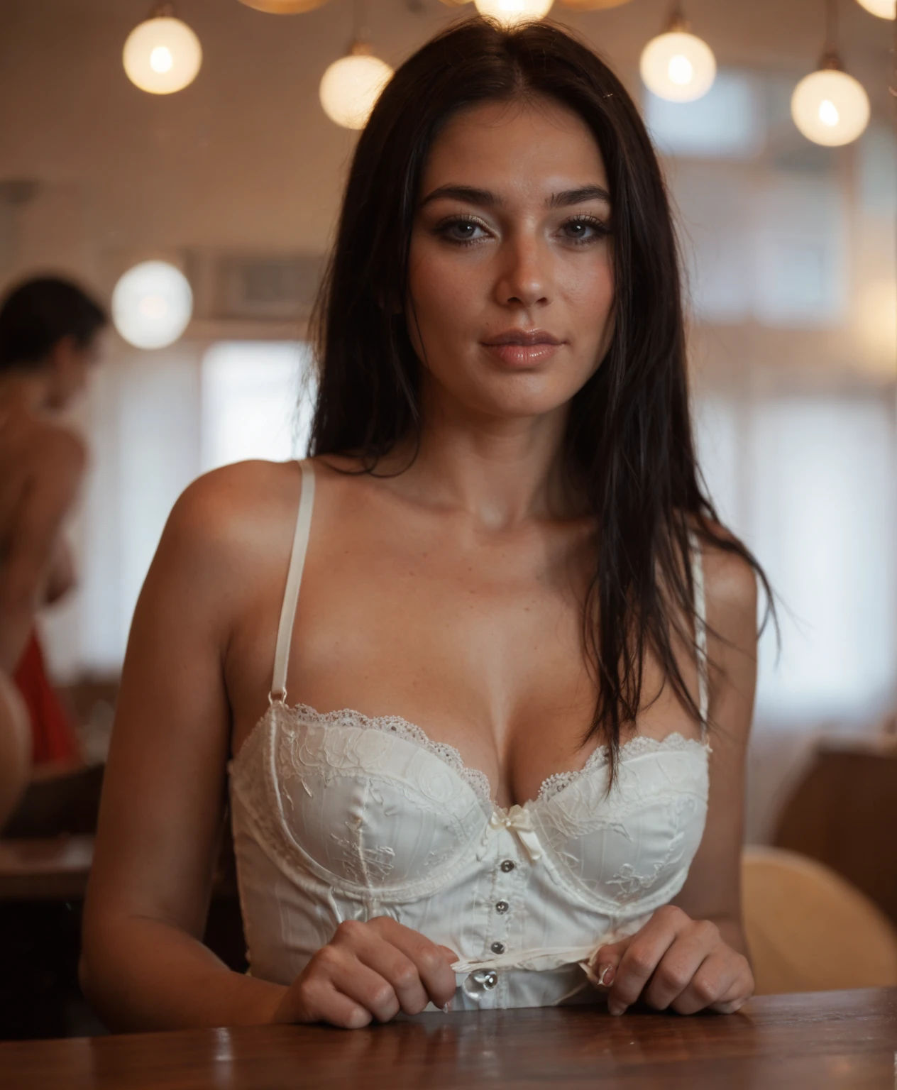 A 30 years old beautiful Iranian woman, straight black hairs, beautiful realistic face, white color, silky skin, fitness model like body, wonderful girl (hyper realistic, masterpiece, photorealistic 8k, best image), large size breasts, sexy cleavages, cleavages shinning, white designer bra, sitting on chair with legs crossed, leaning forward, angle from side,(detail in lighting),