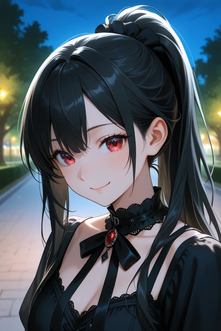 , with a ponytail in her black hair, in a park at night, Half of his face is covered with a ceramic mask with a smile, gothic clothing