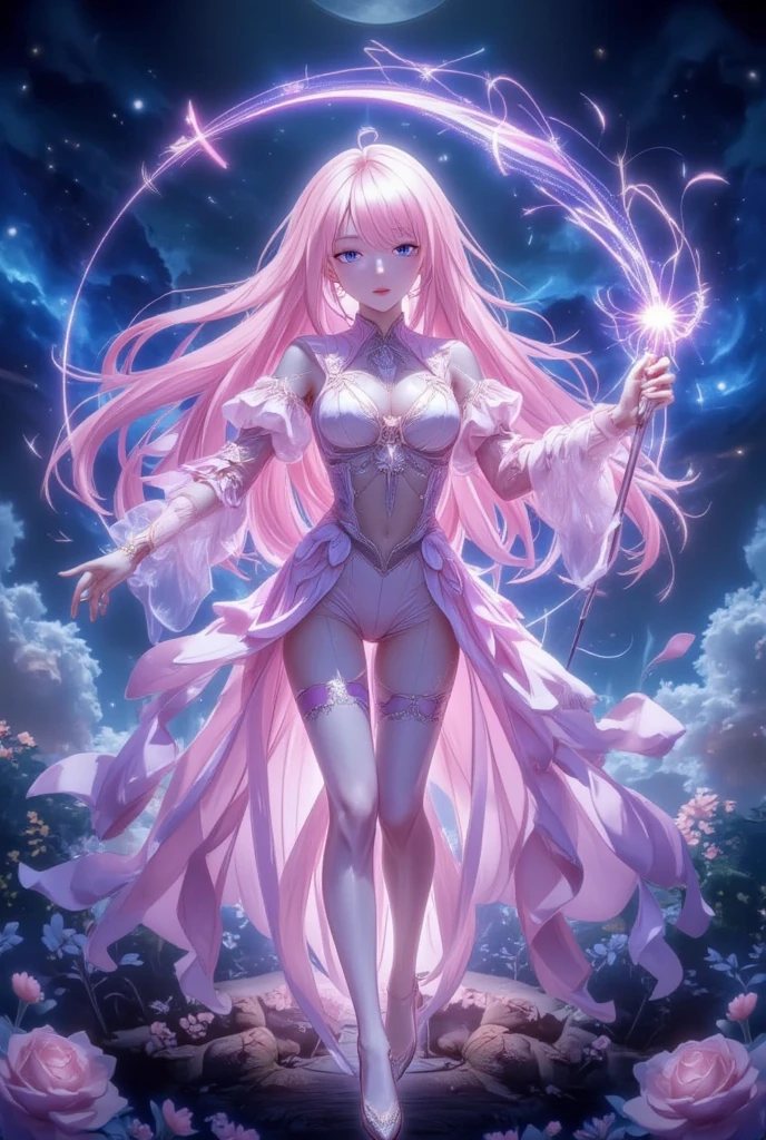 Saint Seiya-style 2D anime illustration Super slender beautiful girl Full-length image standing up to the toes Lonely world Dark space Gorgeous and sexy white lingerie Navel out Overexposed High leg Unsymmetrical costume Pink hair Green tips Protector on right shoulder Left foot boot above the knee Wearing a see-through miniskirt