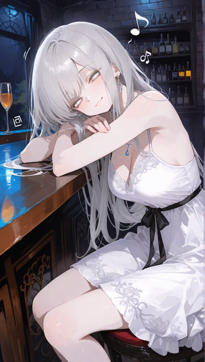 White haired woman with ruby red eyes, wearing elegant clothes, drinking milk and eating steak at a bar, anime art ,Make her clothes more covered to be polite ,Her clothes are more covered , the woman wears a robe to cover herself, her chest is covered 